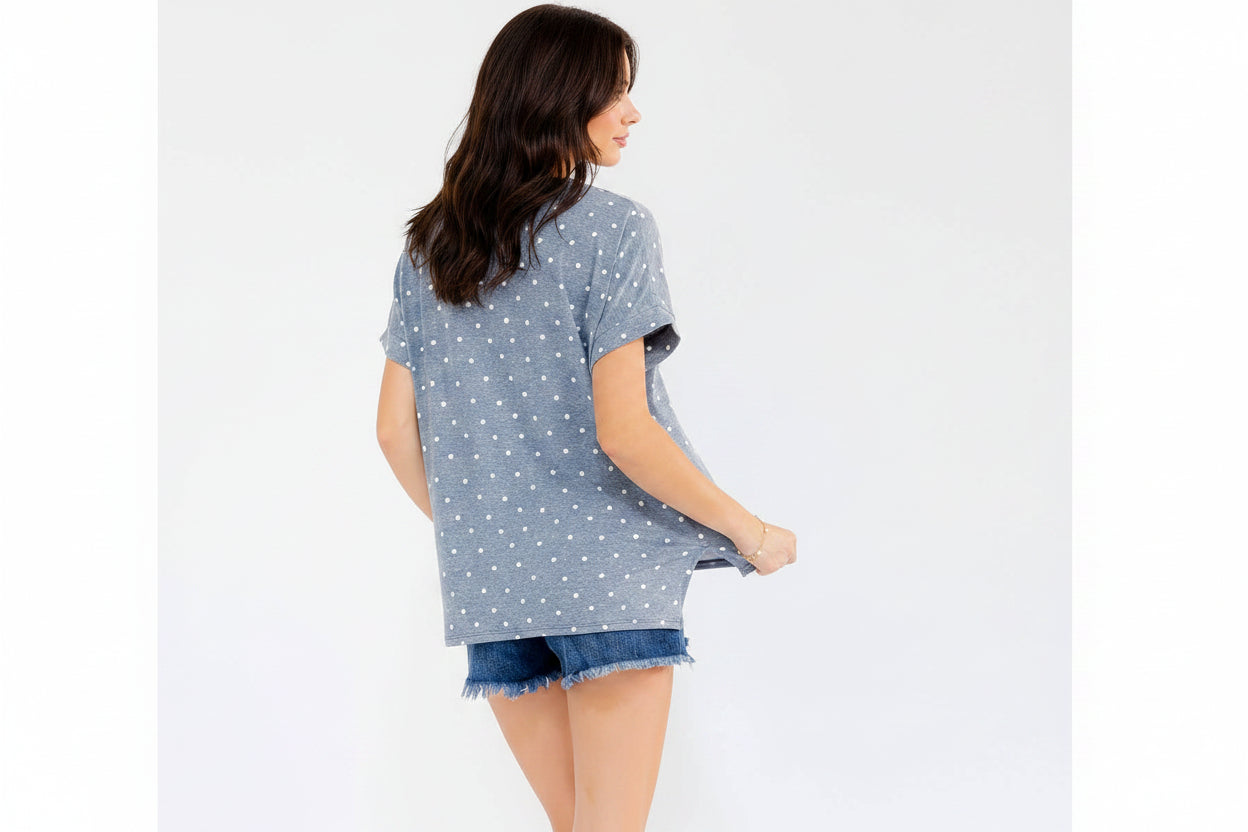 Heather Blue Polka Dot Short Sleeve Top