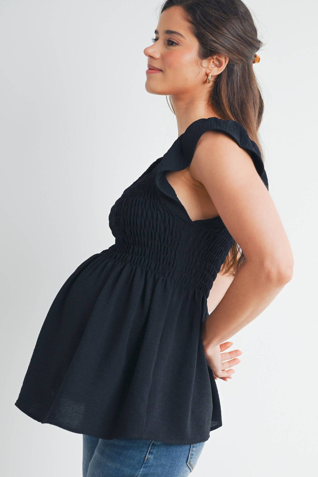 Black Flutter Sleeve Smocked Maternity Top