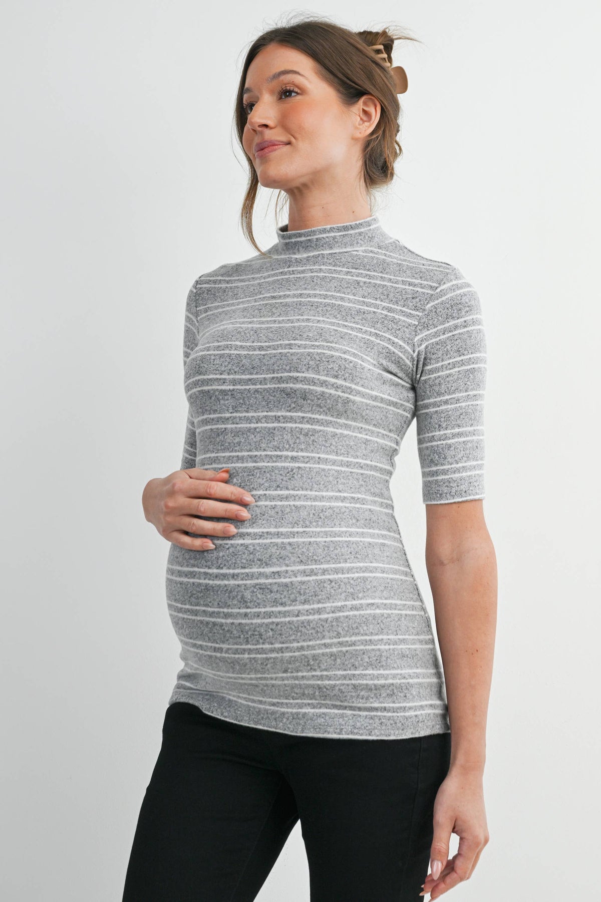 Grey & White Soft Knit Striped Mock Neck Top