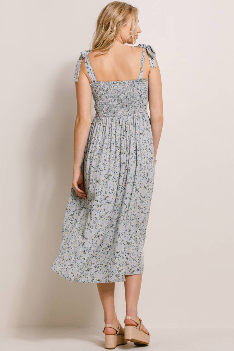 Sage Blue Floral Smocked Tie-Strap Maternity Midi Dress