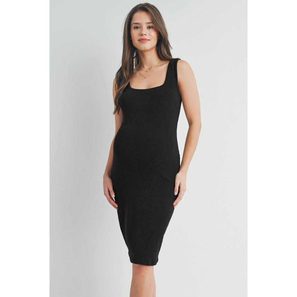 Black Square Neck Fitted Maternity Ribbed Midi Dress