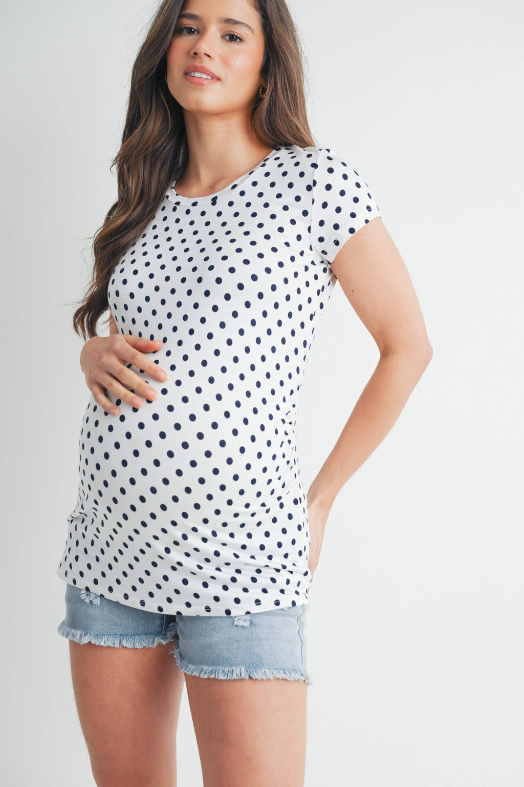 Ivory with Blue Polka Dots Polka Dot Short Sleeve Maternity T-Shirt