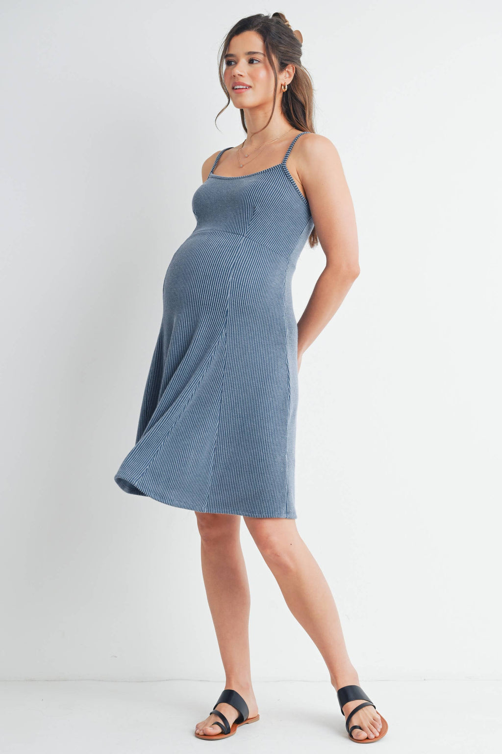 Denim Blue Ribbed Sleeveless Maternity Skater Dress