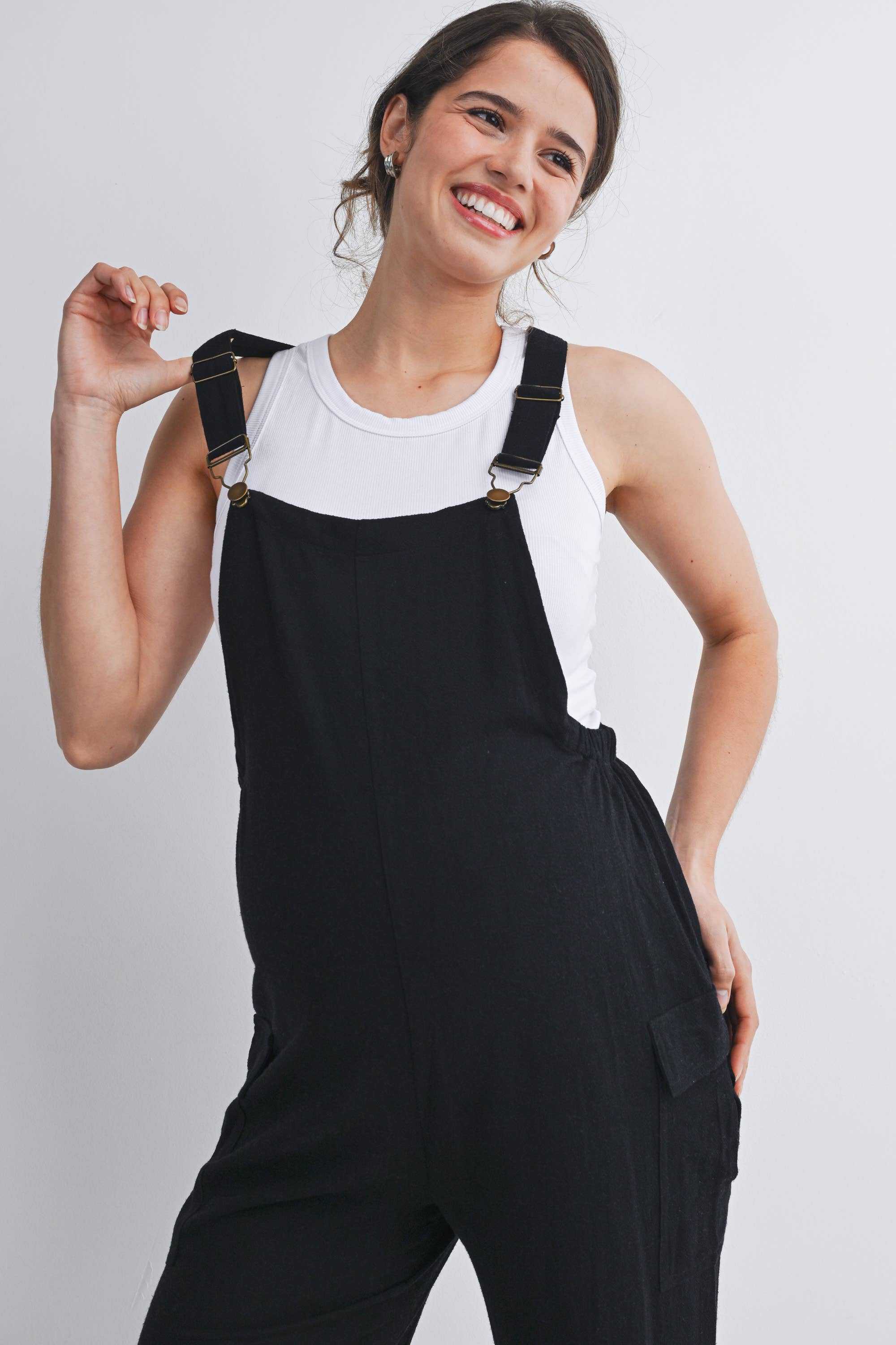 Black Straight Leg Maternity Adjustable Overalls