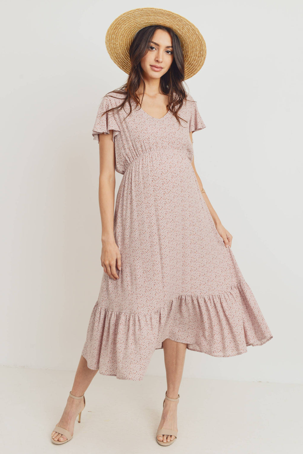 Pink Flutter Sleeve V-Neck Maternity Ruffle Midi Dress