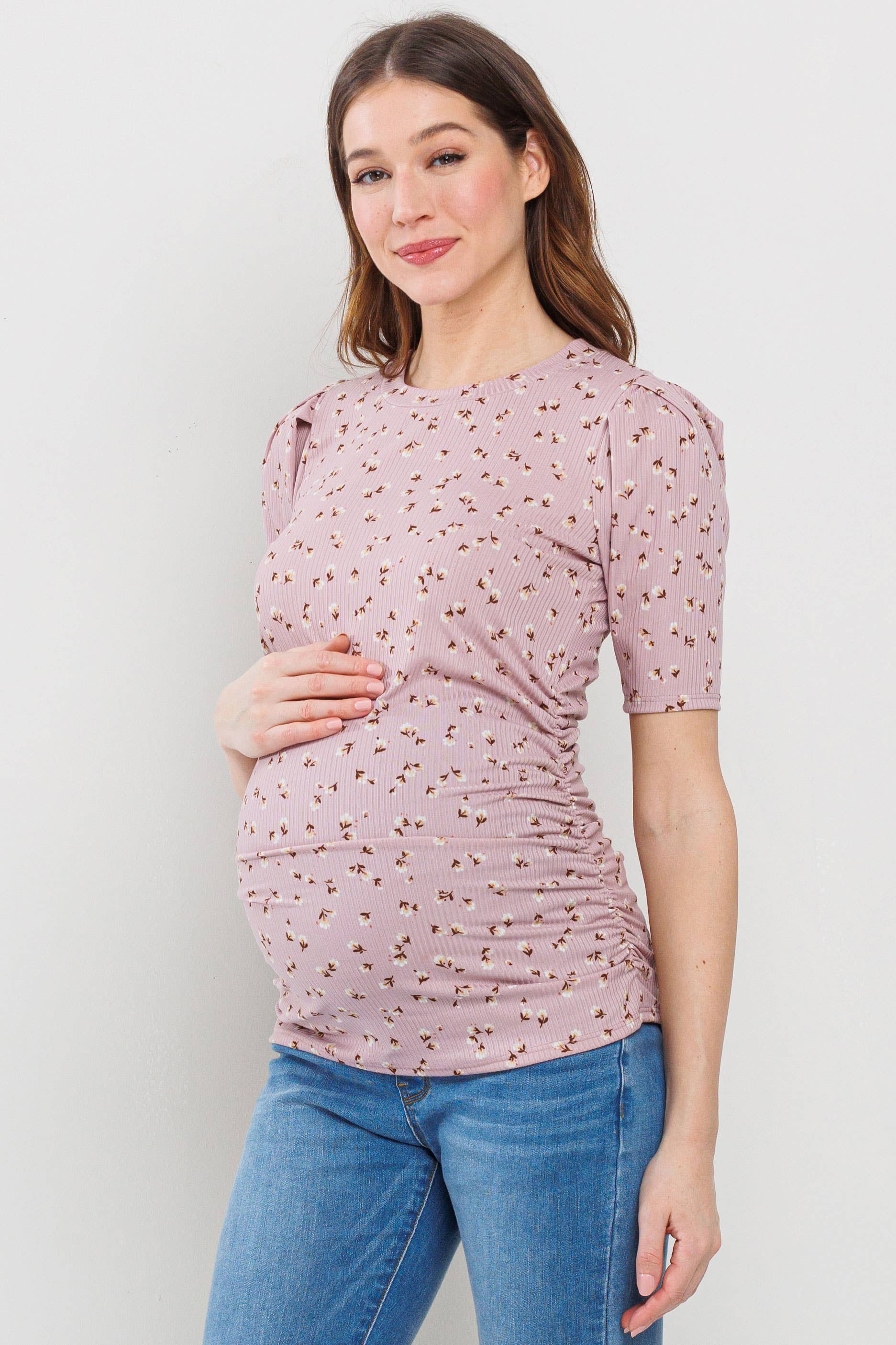 Mauve Floral Ribbed Puff Sleeve Side Ruched Top