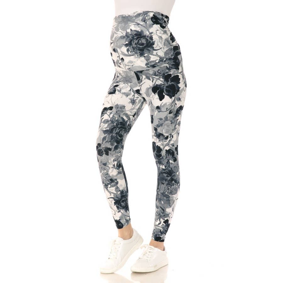 White/Black Floral Buttery Soft Full Length Ruched Maternity Leggings