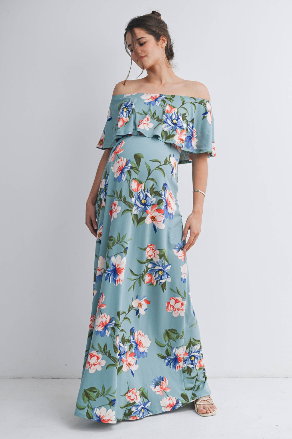 Sage Floral Off-Shoulder Maternity Maxi Dress