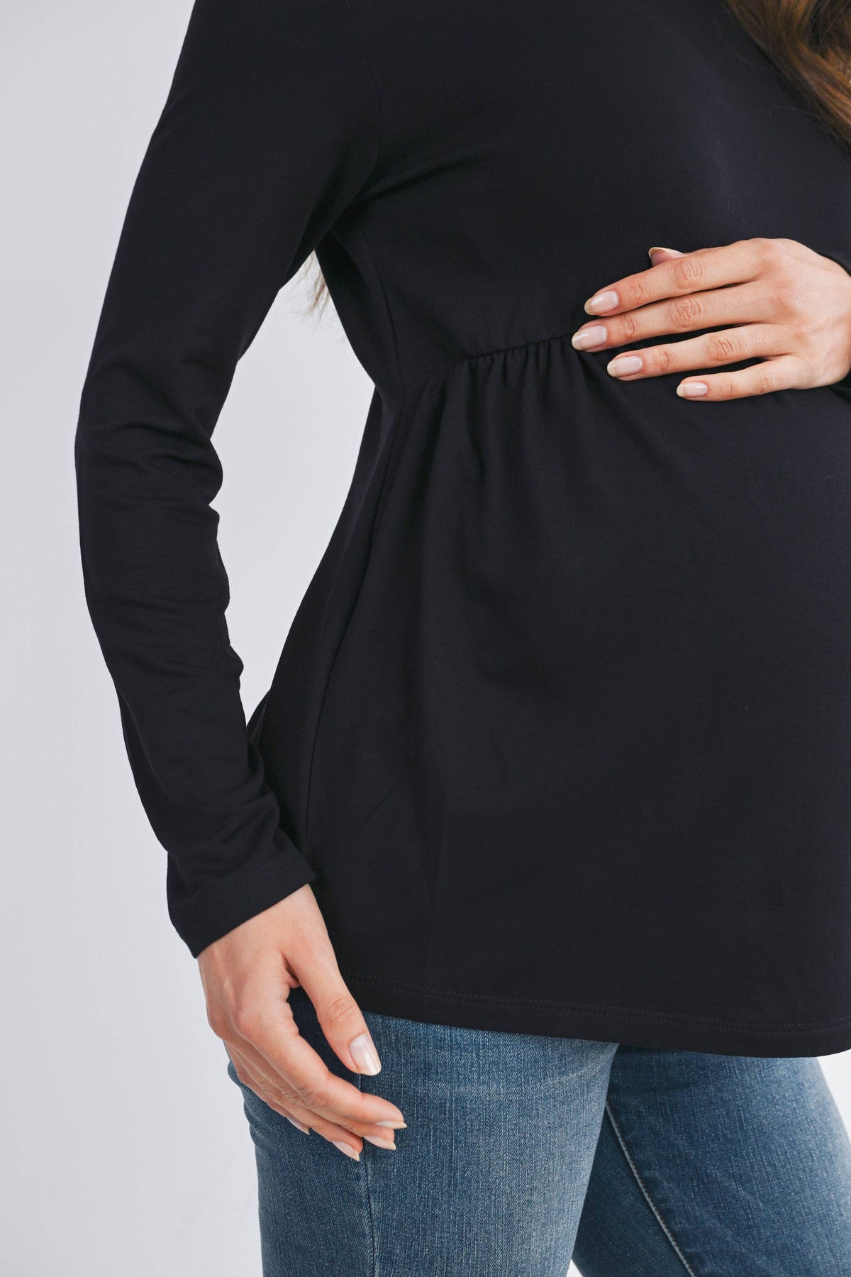 Black French Terry Long Sleeve Scoop Neck Maternity Top