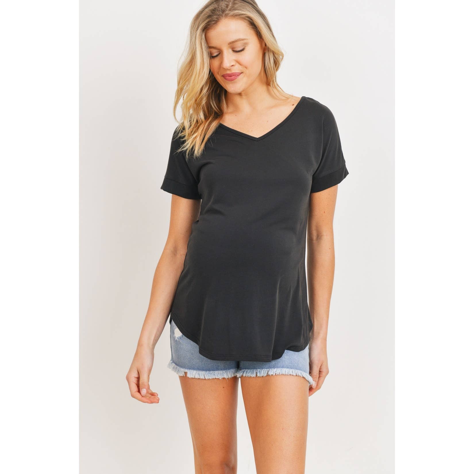 Black V-Neck Open Back Short Sleeve Maternity T-Shirt