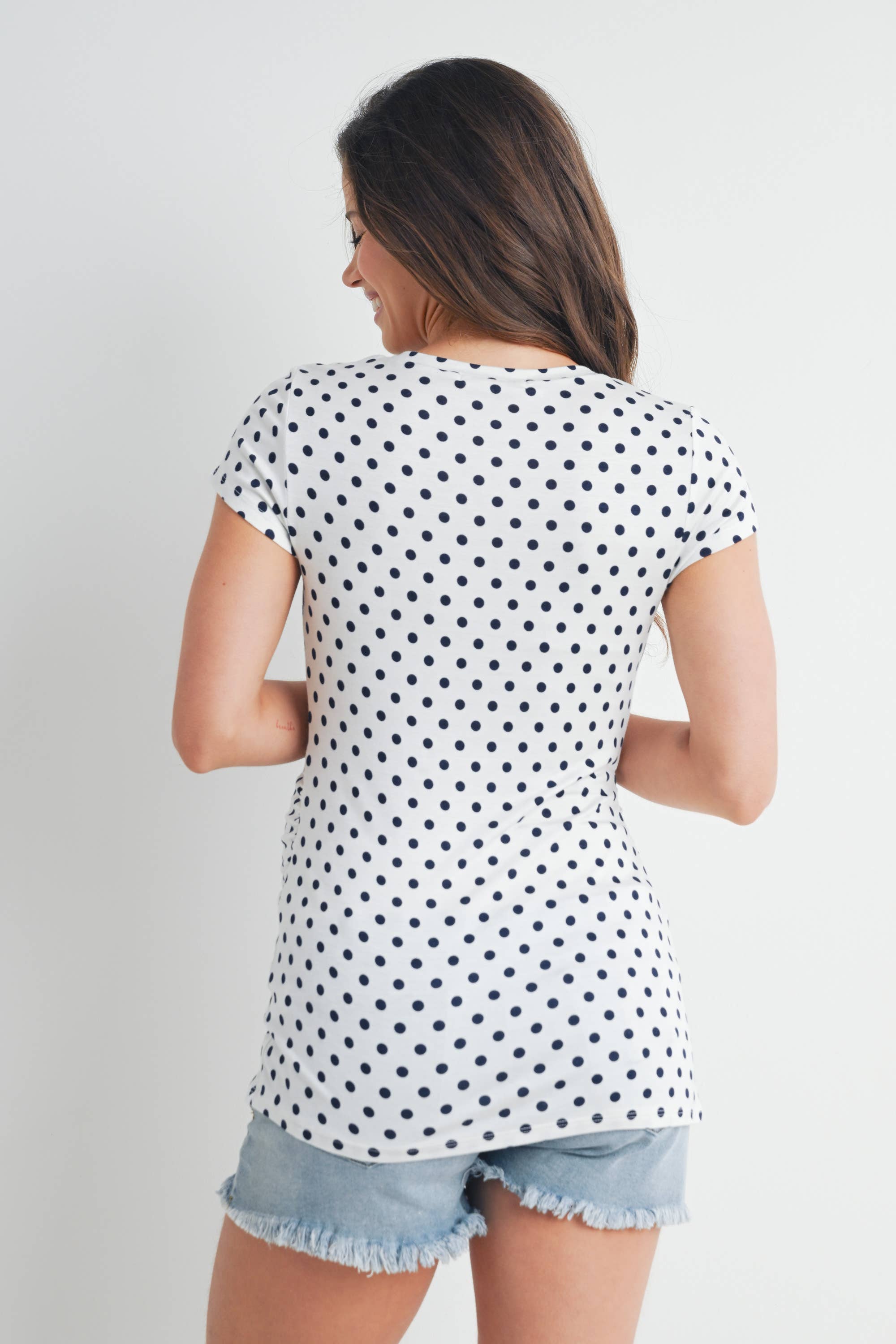 Ivory with Blue Polka Dots Polka Dot Short Sleeve Maternity T-Shirt