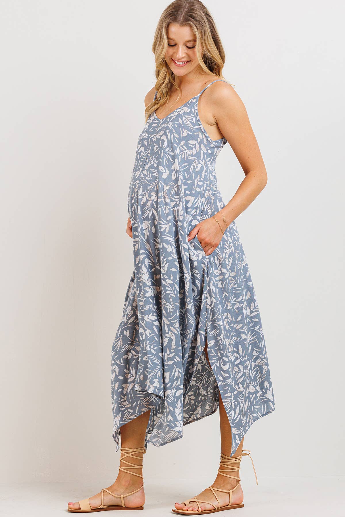 Chambray Blue Floral Asymmetric Maternity Midi Dress