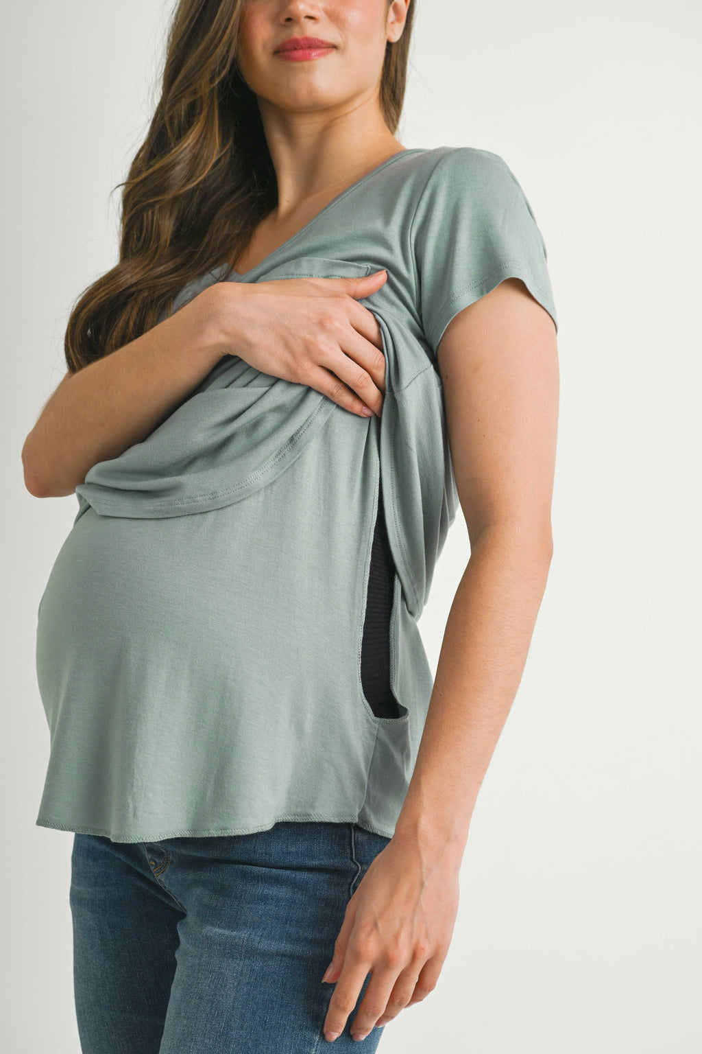 Sage Round Neck Maternity to Nursing Pocket T-Shirt