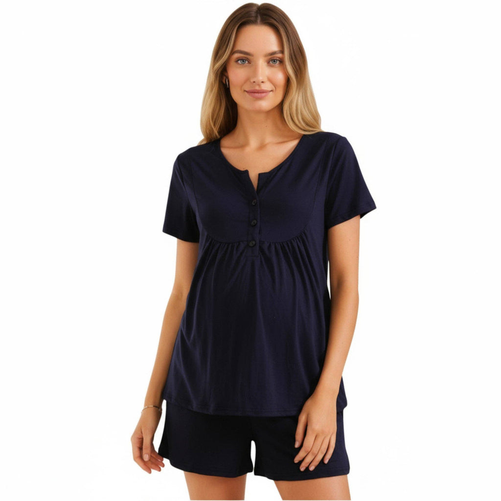 Black 2-Piece Maternity Pajama Set with Short Sleeve Henley Top