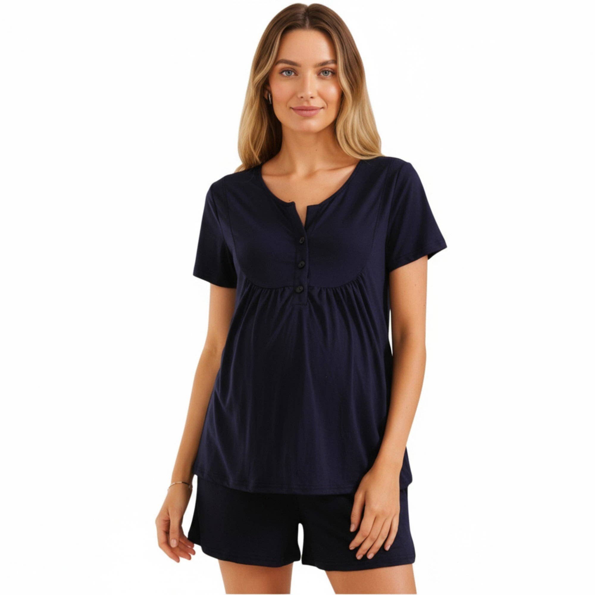 Black 2-Piece Maternity Pajama Set with Short Sleeve Henley Top