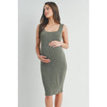 Olive Square Neck Fitted Maternity Ribbed Midi Dress
