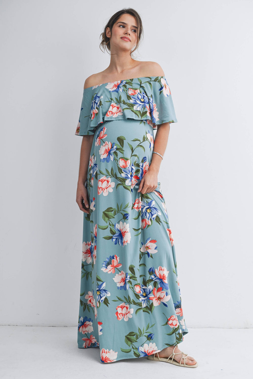 Sage Floral Off-Shoulder Maternity Maxi Dress