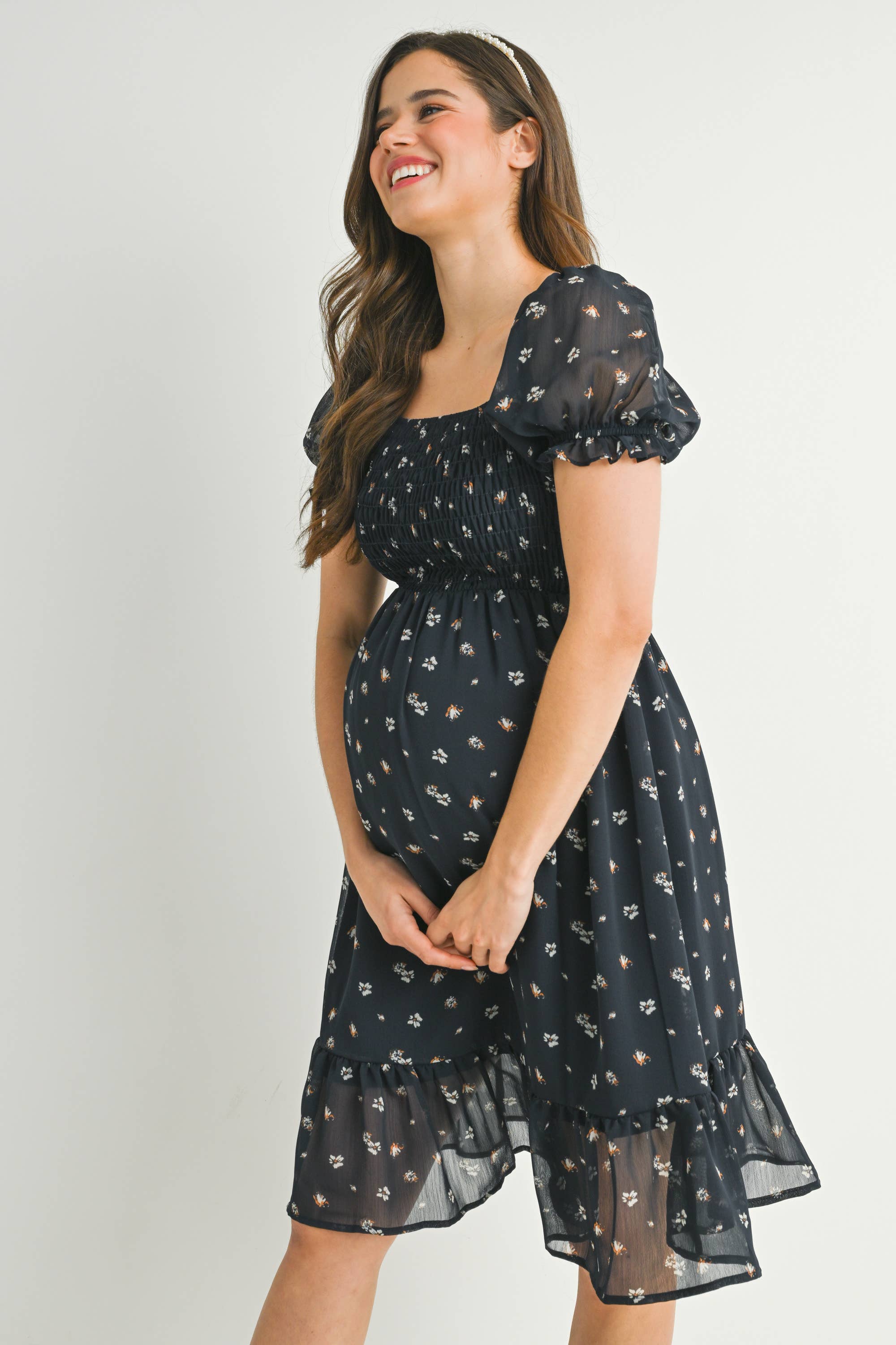 Navy Floral Smocked Maternity Ruffle Dress