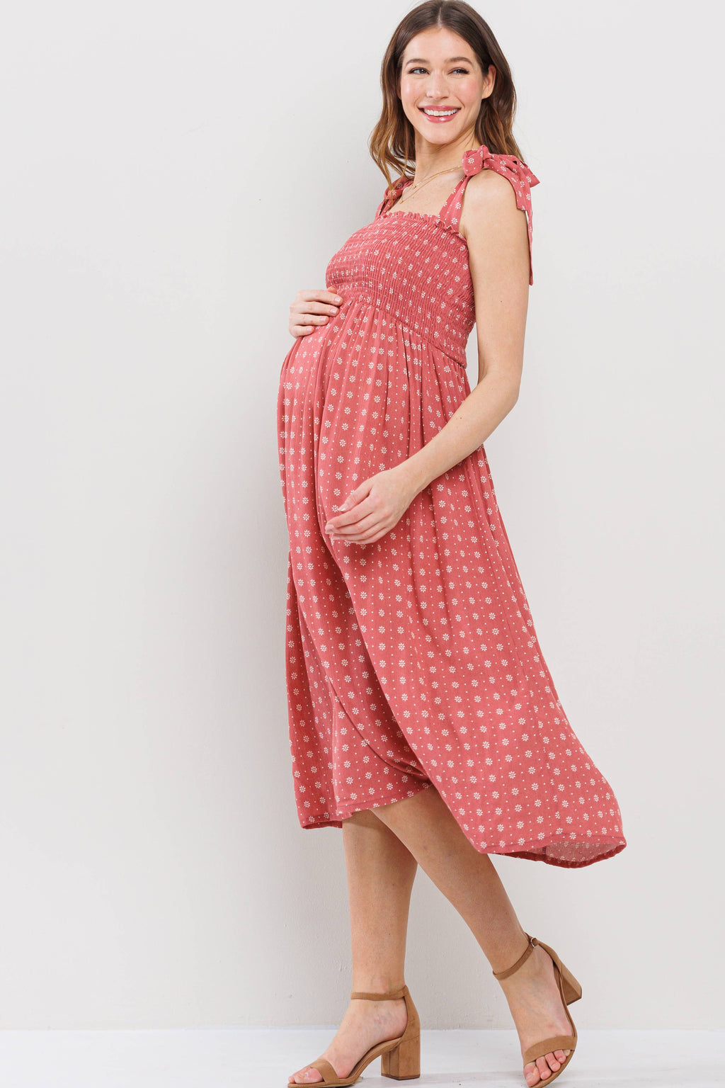 Marsala Floral Smocked Maternity Tie-Strap Midi Dress