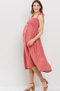 Marsala Floral Smocked Maternity Tie-Strap Midi Dress