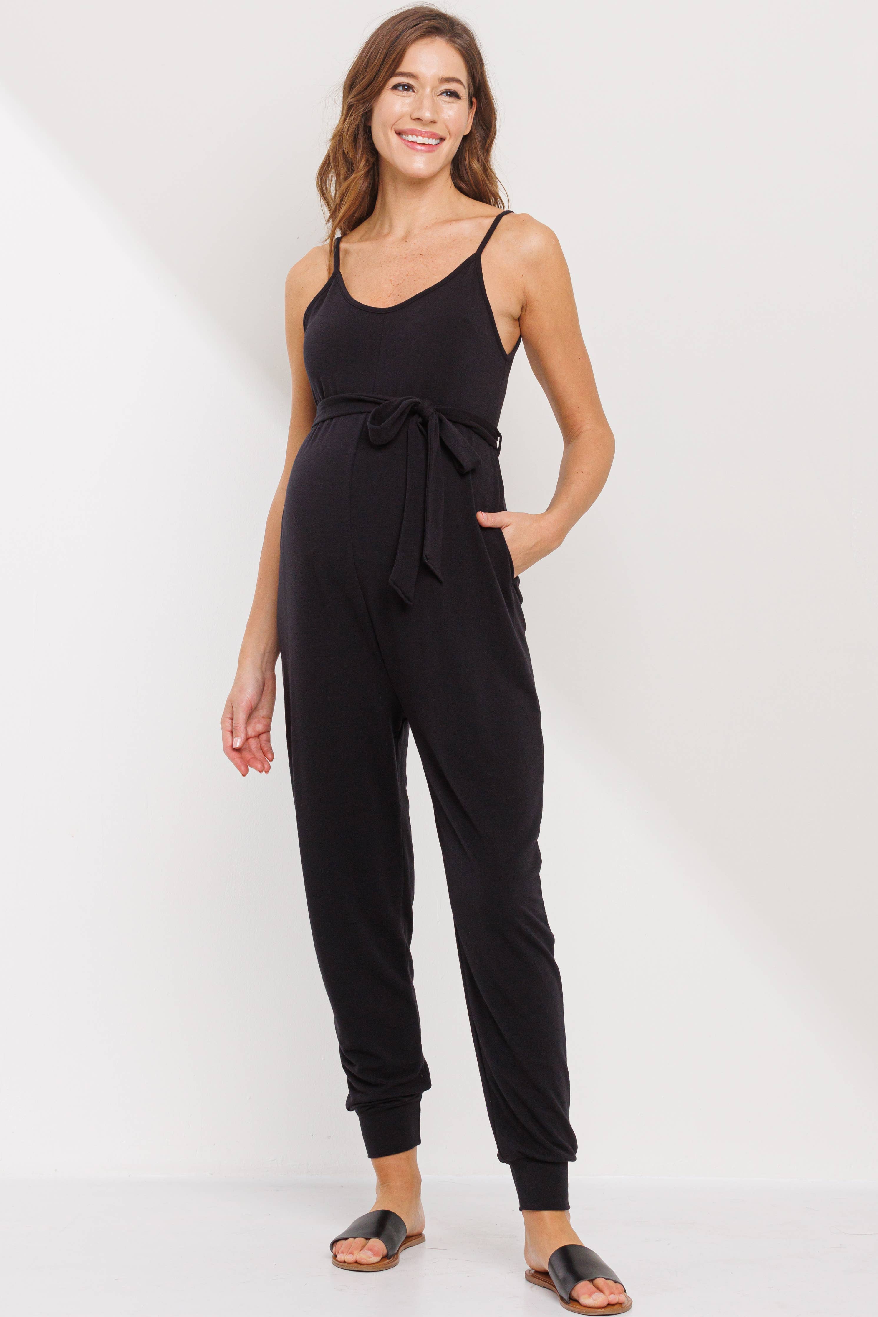 Black Sleeveless Belted Maternity Knit Jumpsuit