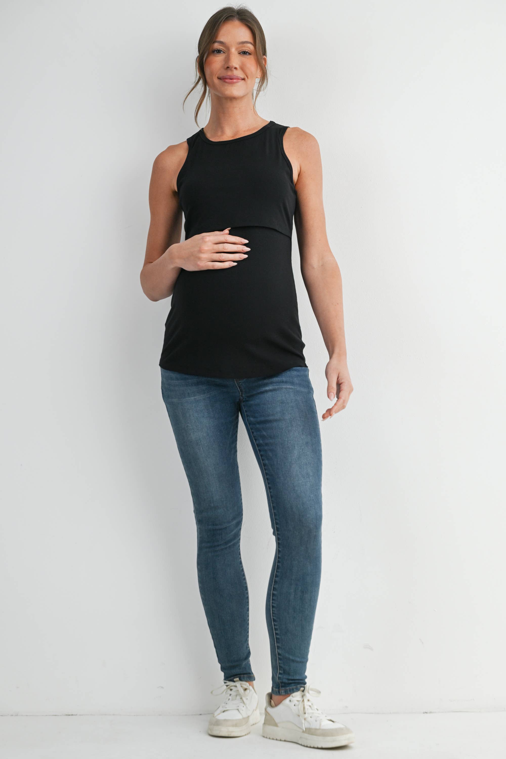 Black Sleeveless Maternity Nursing Double-Layer Tank Top