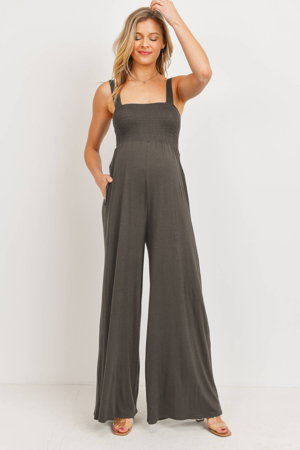 Olive Sleeveless Smocked Maternity Wide-Leg Jumpsuit