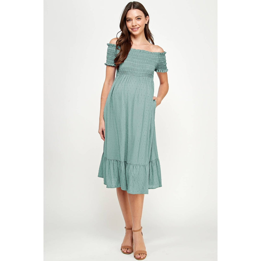 Sage Smocked Off The Shoulder Maternity Midi Dress