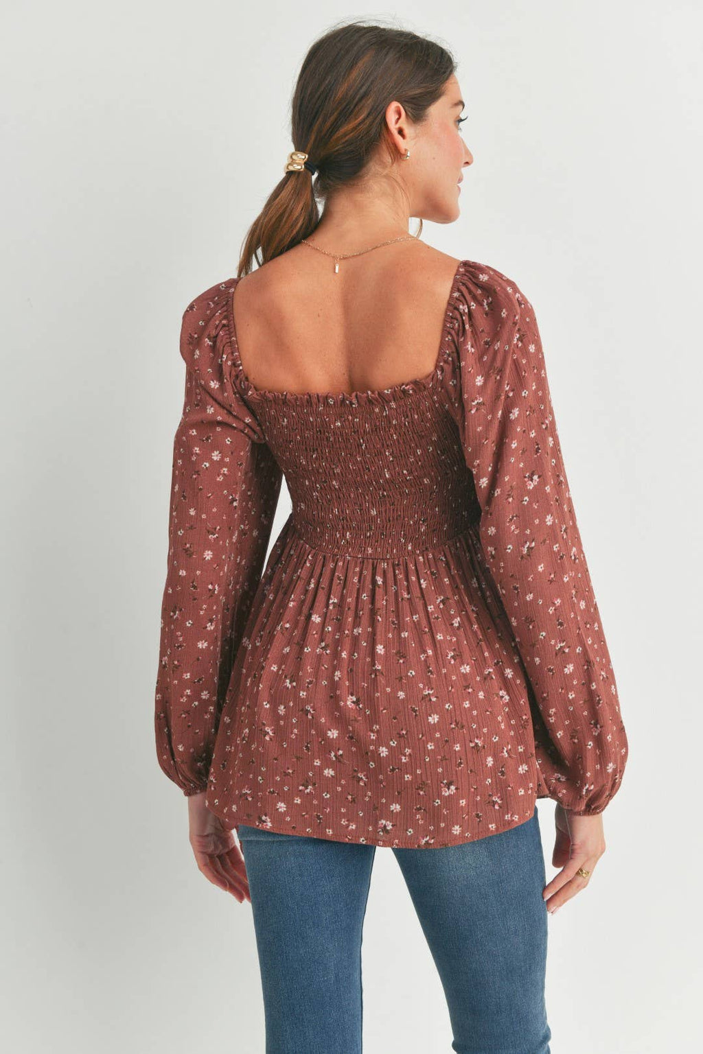 Brown Floral Print Smocked Maternity Blouse
