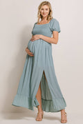 Sage Square Neck Puff Sleeve Maternity Maxi Dress