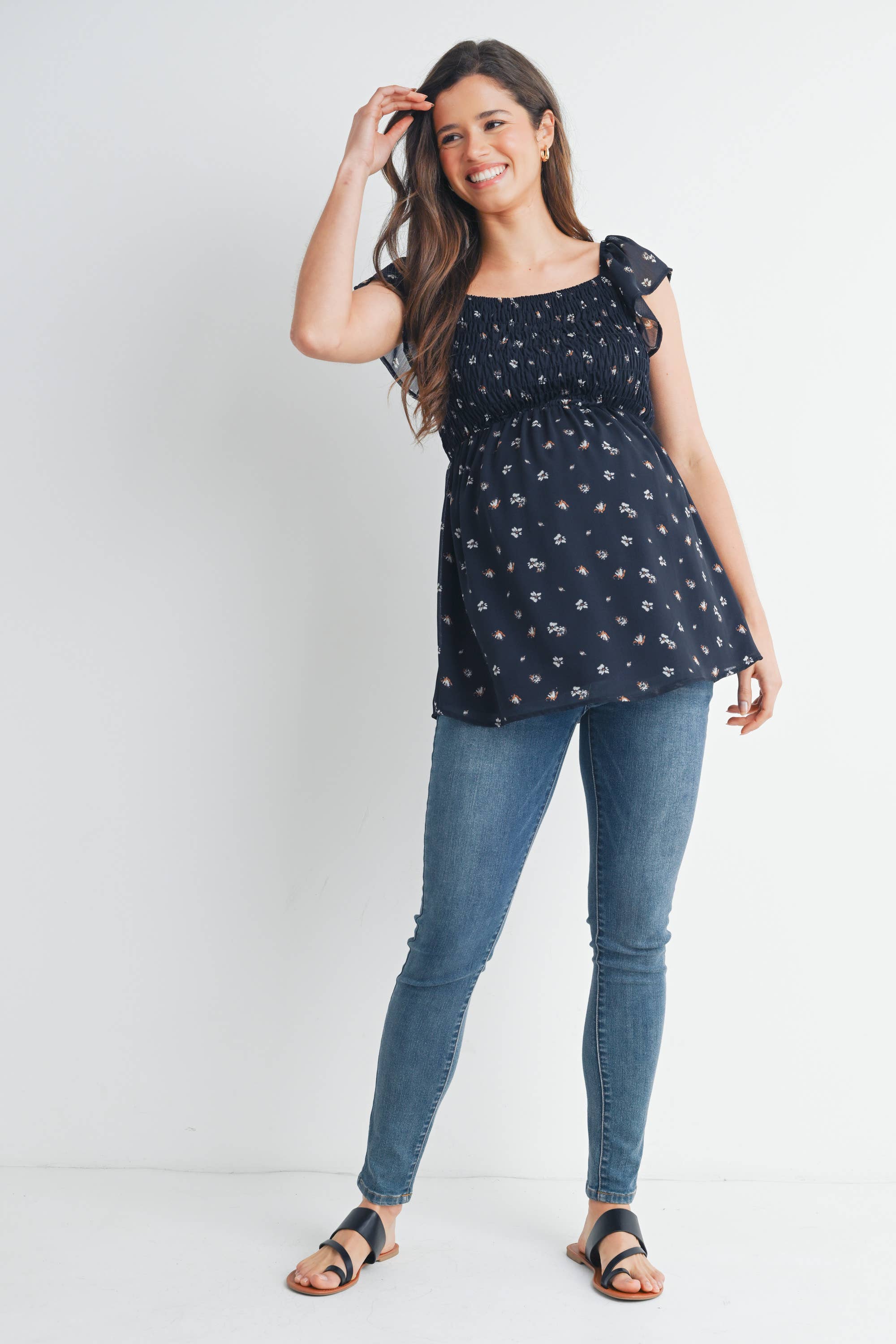 Navy Floral Flutter Sleeve Maternity Smocked Top