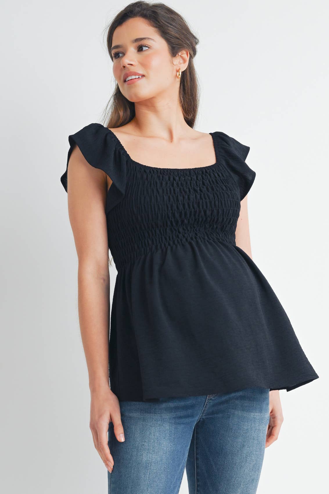Black Flutter Sleeve Smocked Maternity Top