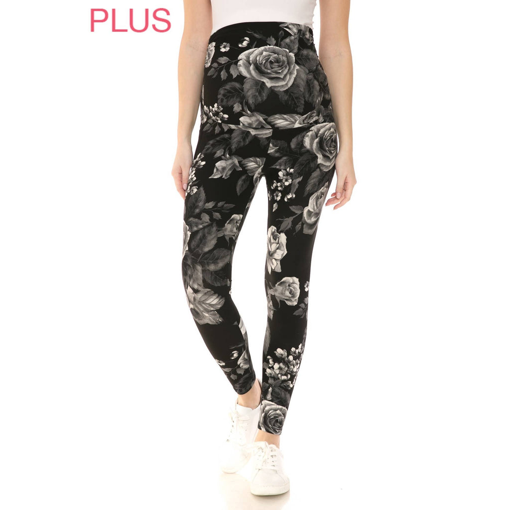 Black Floral Buttery Soft Full Length Ruched Maternity Leggings S-3XL
