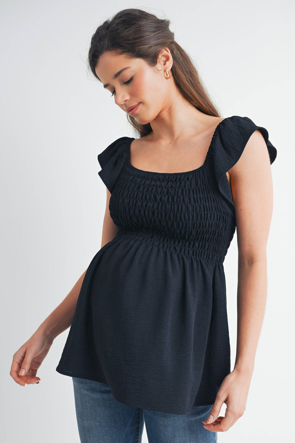 Black Flutter Sleeve Smocked Maternity Top