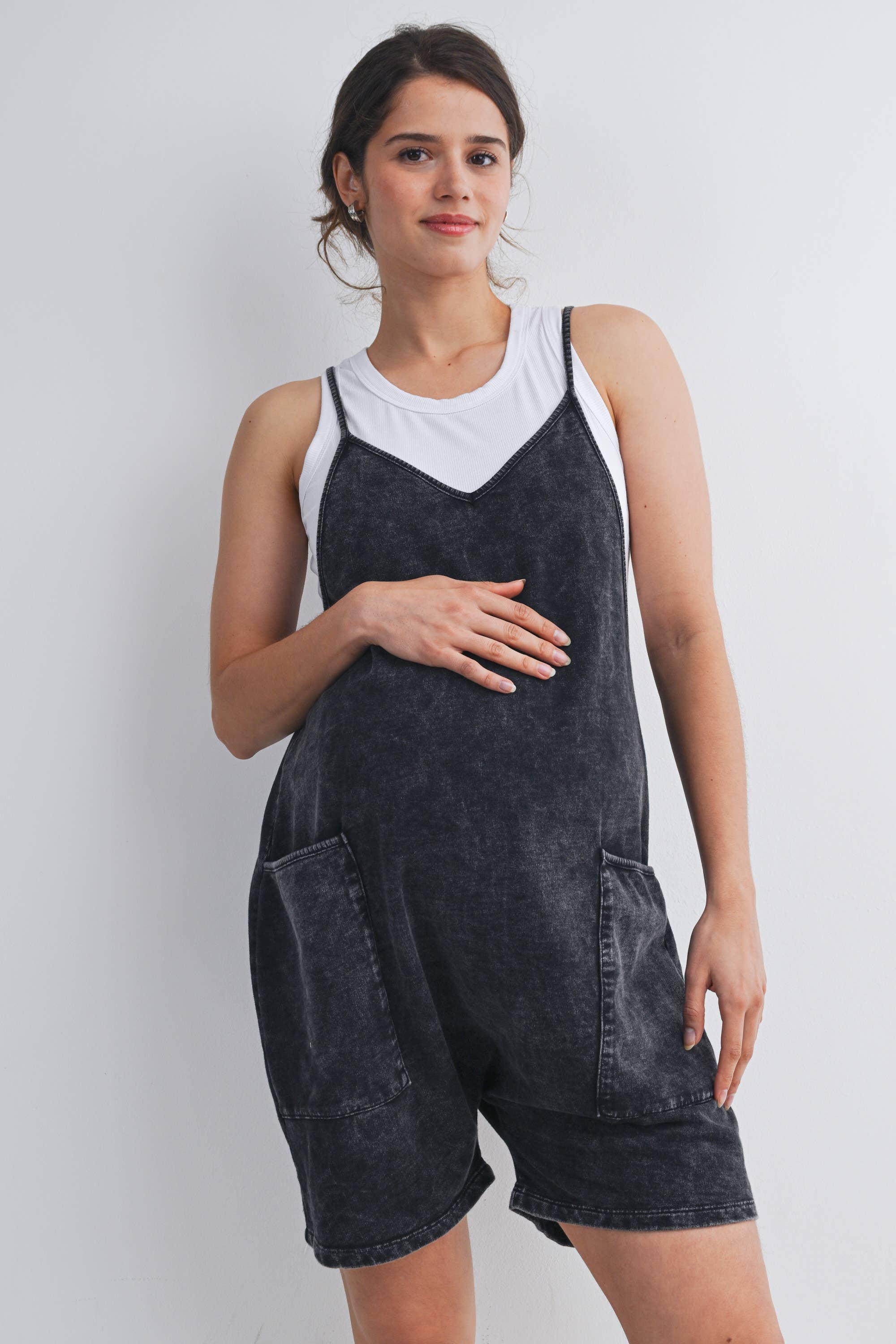 Washed Black Maternity Romper with Adjustable Strap
