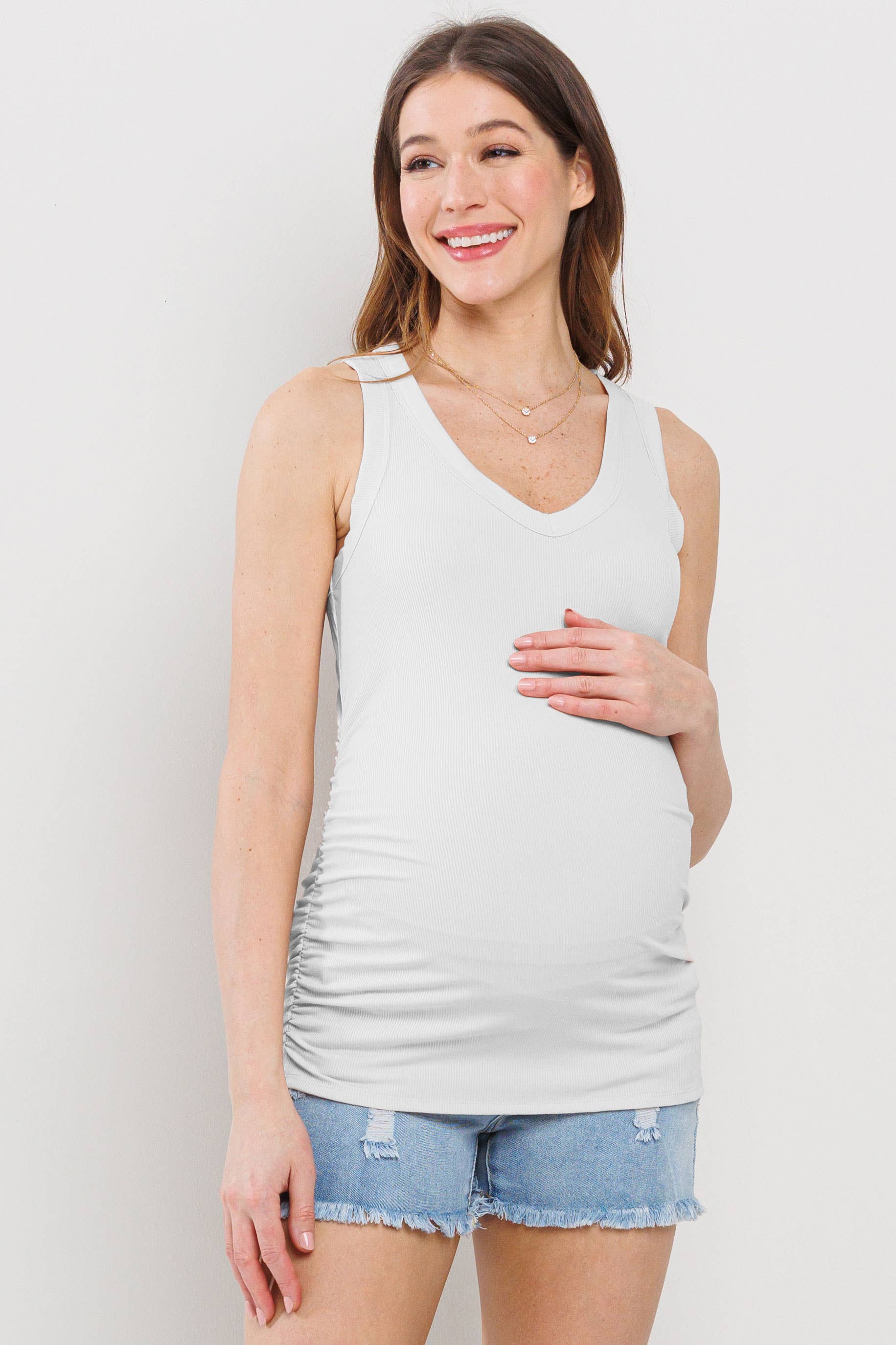Off White Ruched V-Neck Maternity Ribbed Tank Top