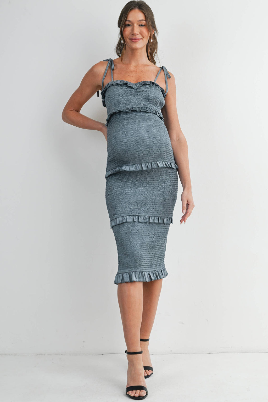 Smocked Ruffle Trim Maternity Midi Dress with Tie Straps