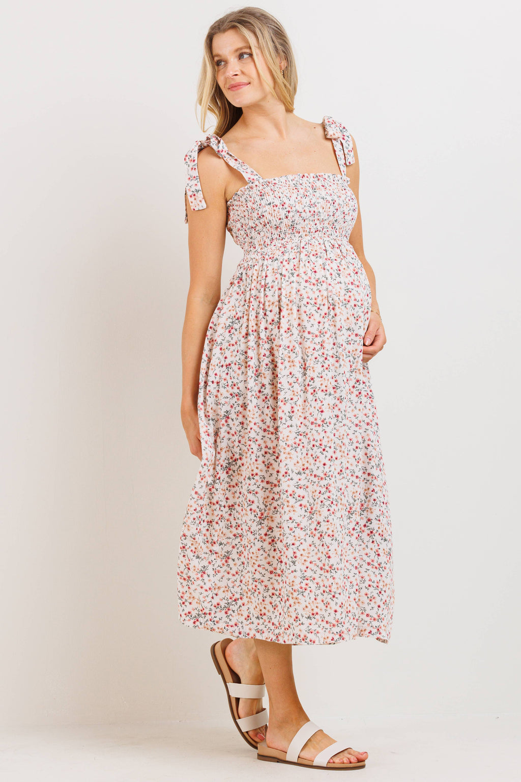 Blush Floral Smocked Tie-Strap Maternity Midi Dress