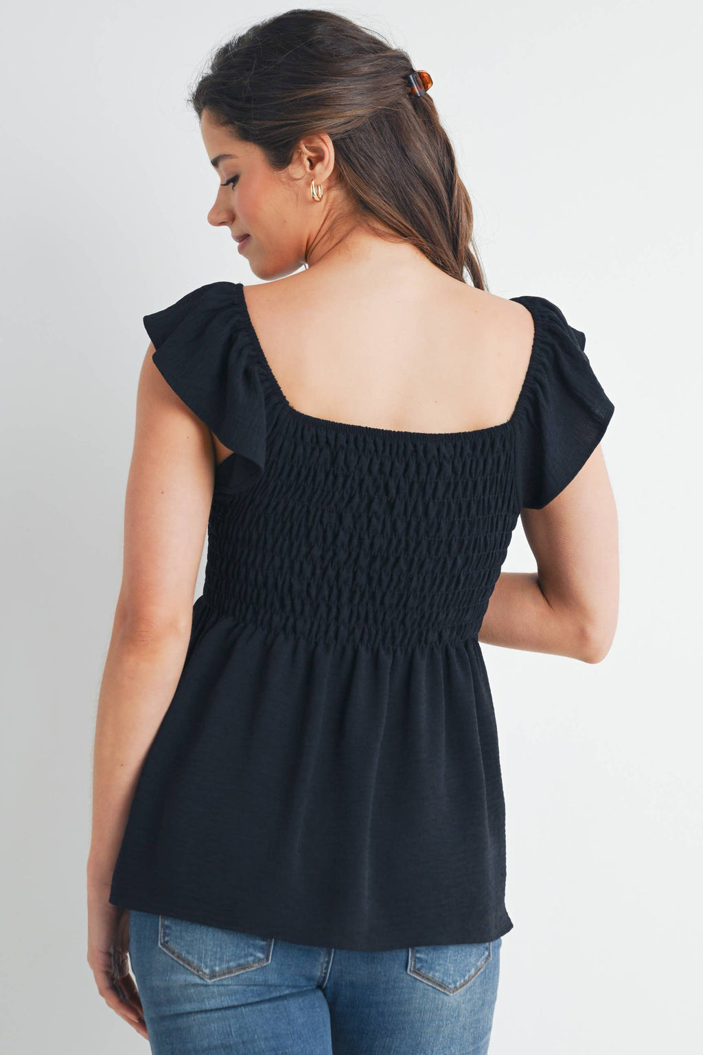 Black Flutter Sleeve Smocked Maternity Top