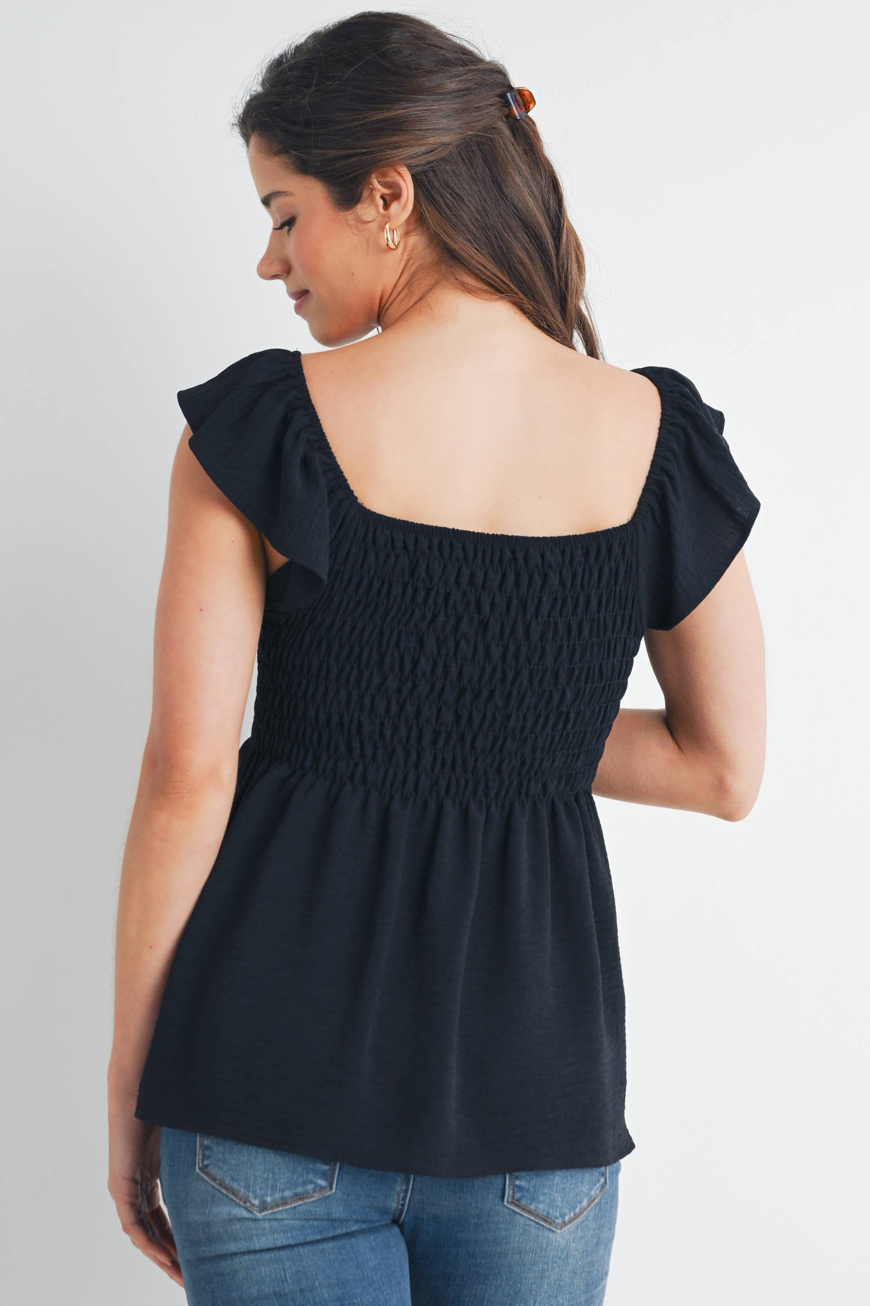 Black Flutter Sleeve Smocked Maternity Top