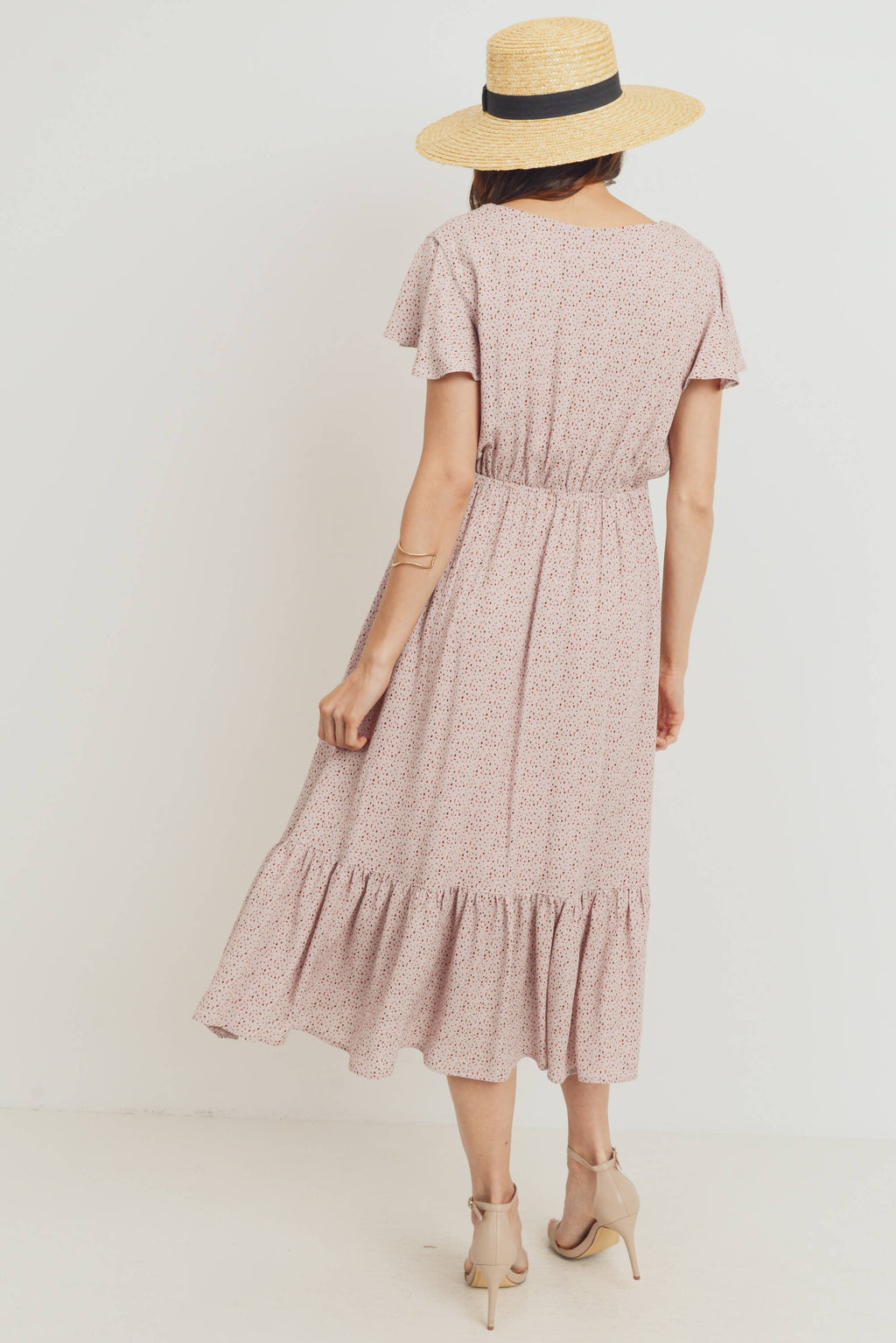Pink Flutter Sleeve V-Neck Maternity Ruffle Midi Dress