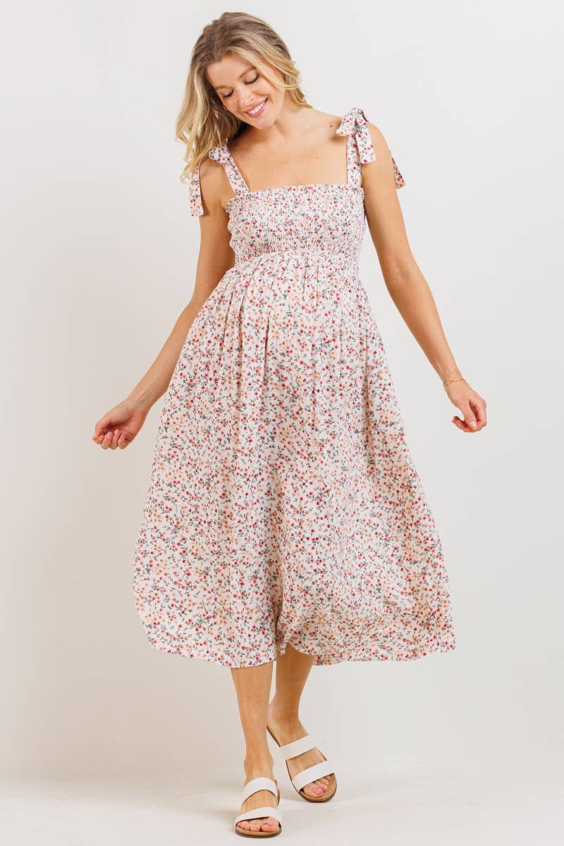 Blush Floral Smocked Tie-Strap Maternity Midi Dress