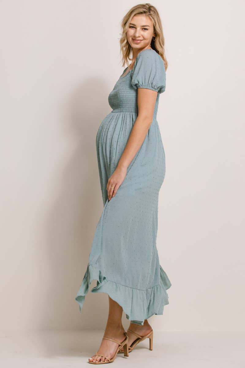 Sage Square Neck Puff Sleeve Maternity Maxi Dress