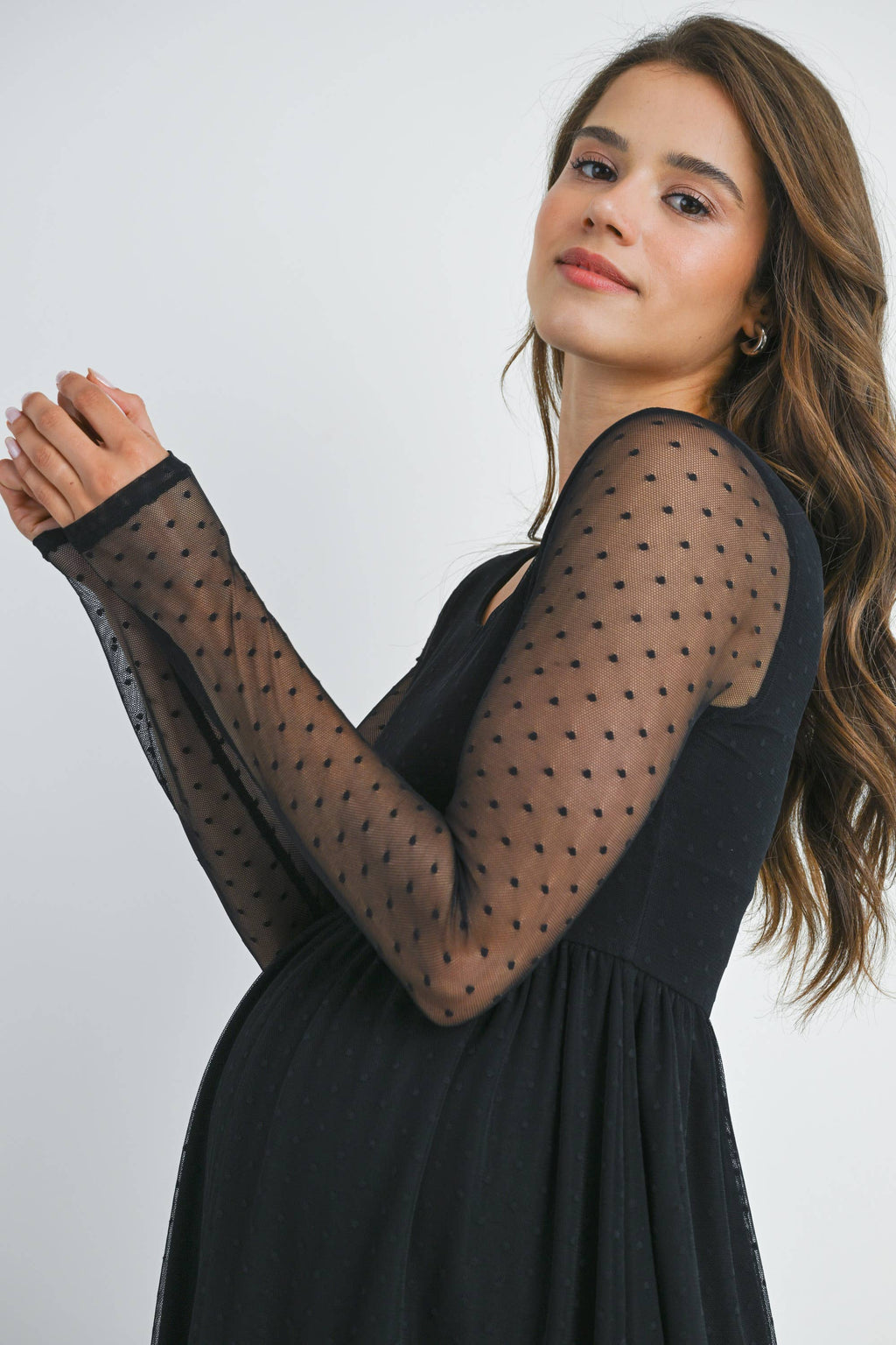 Black Polka Dot Mesh Sleeve Maternity Top