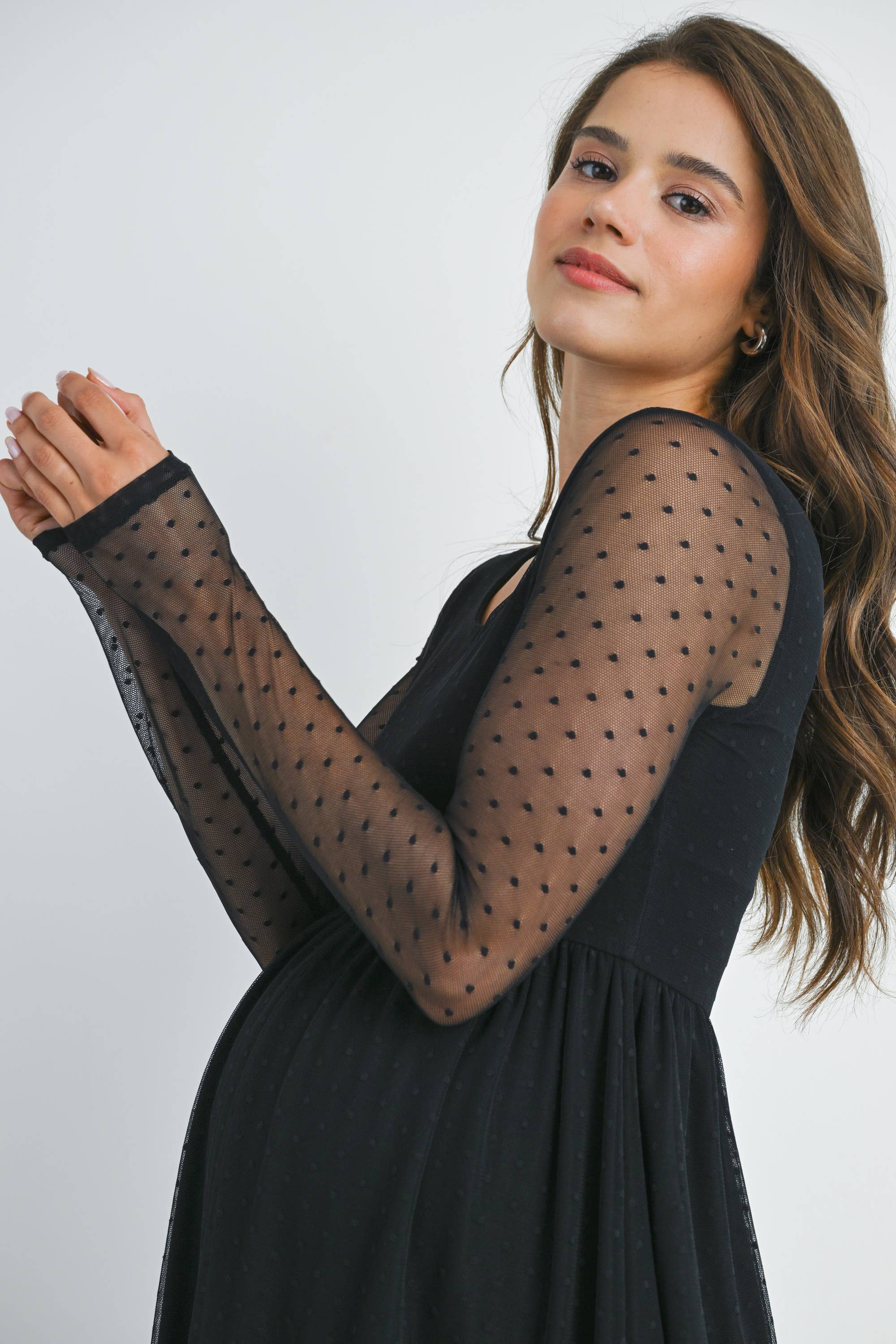 Black Polka Dot Mesh Sleeve Maternity Top
