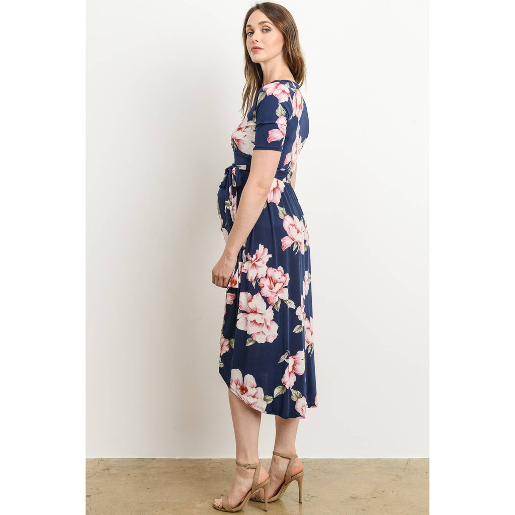Navy Blue Floral High-Low Nursing Surplice Dress