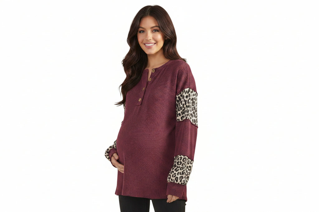 Burgundy Ribbed Animal Print Detail Sweatshirt *Breastfeeding Friendly*