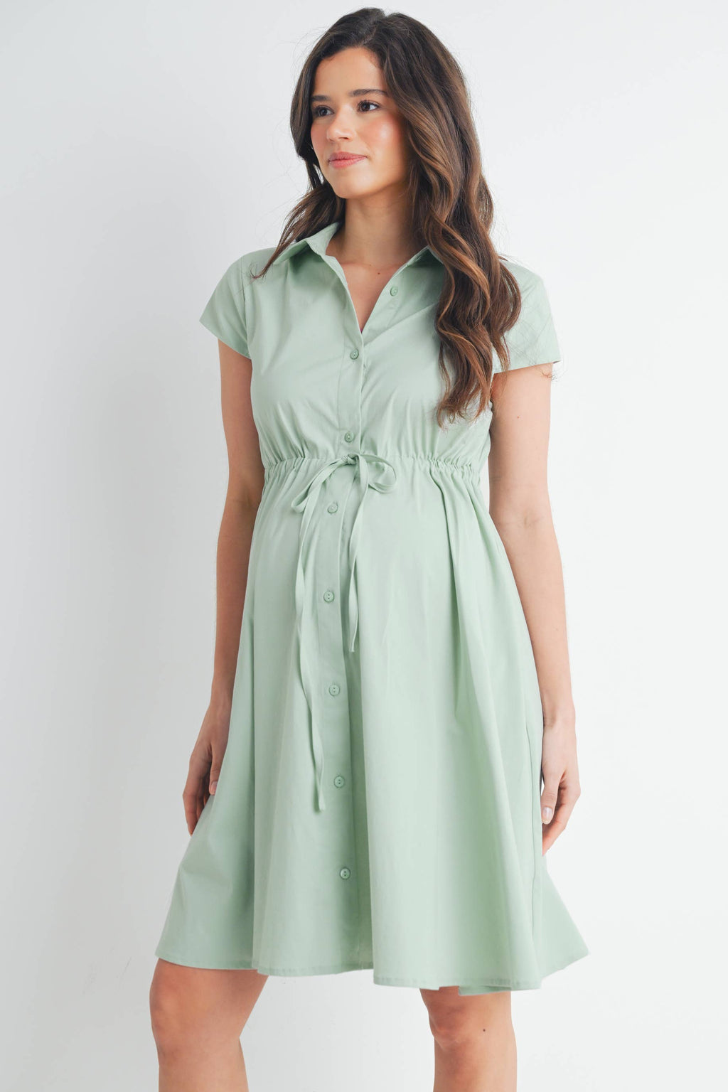 Sage Button Up Short Sleeve Maternity Shirt Dress