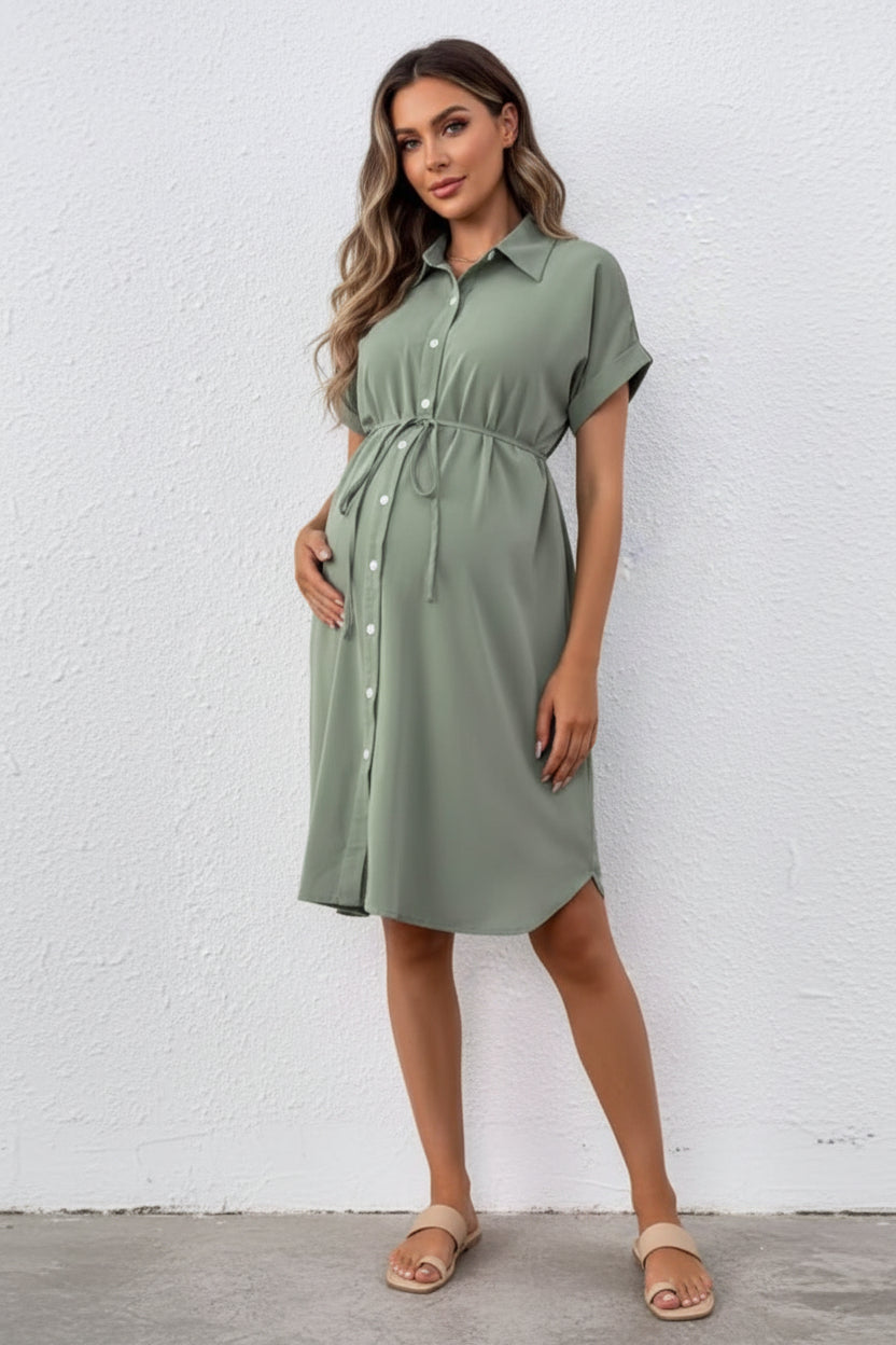Sage Button Up Maternity to Nursing Dress