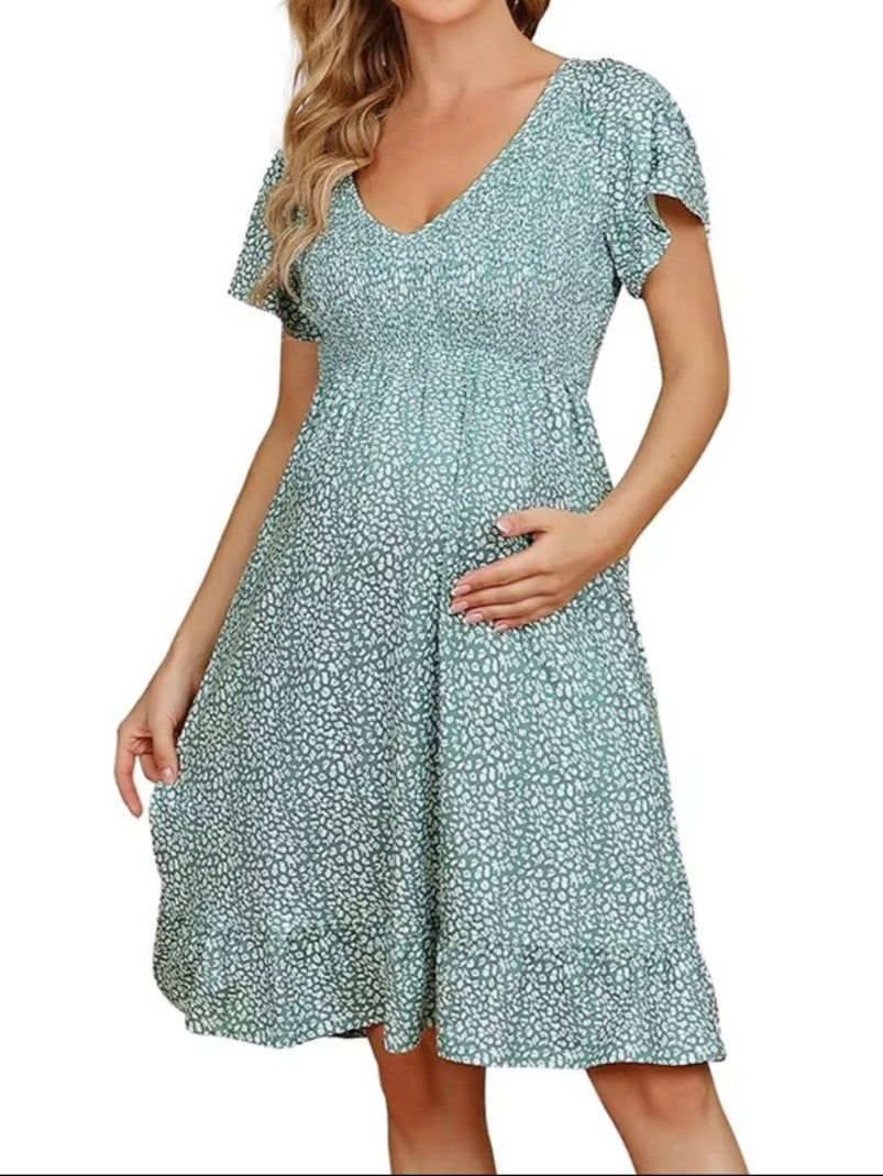 Sage leopard Print Smocked Top Midi Dress